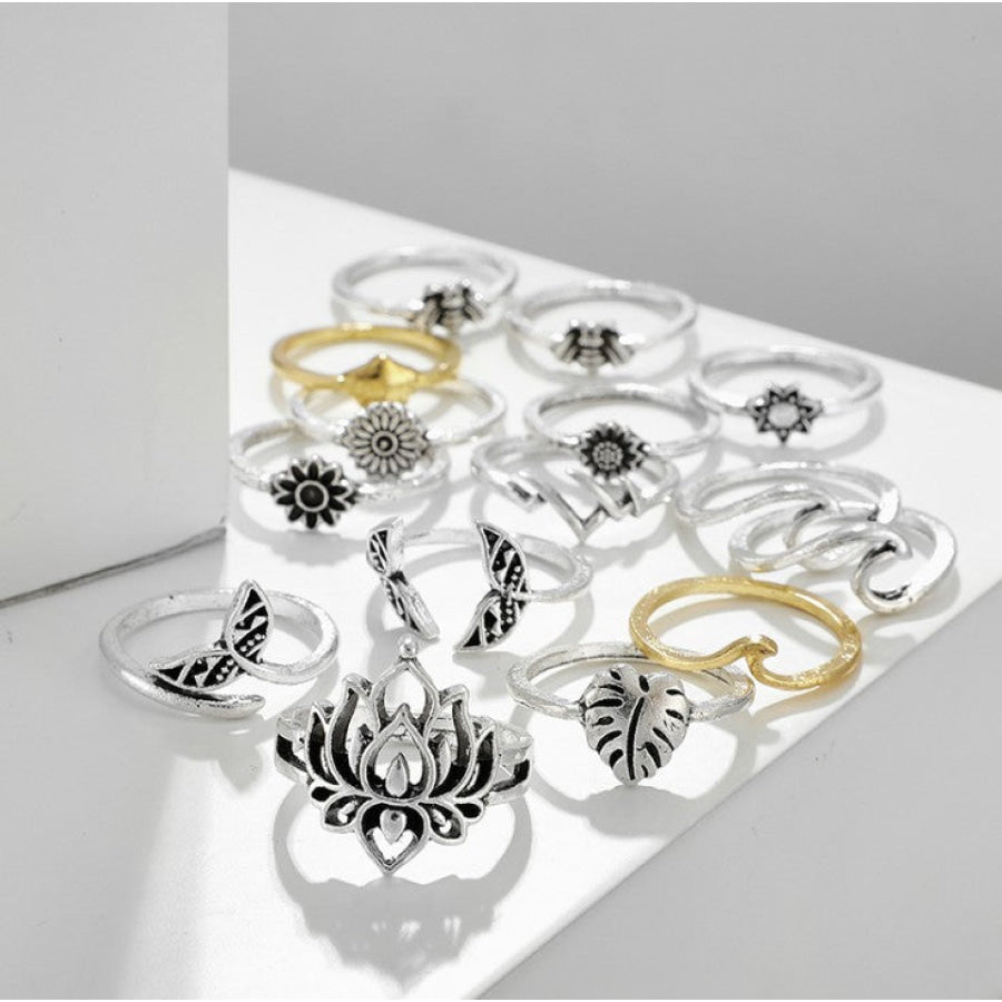 Alloy Multi Shapes 15-Piece Ring Set Silver / One Size Apparel and Accessories