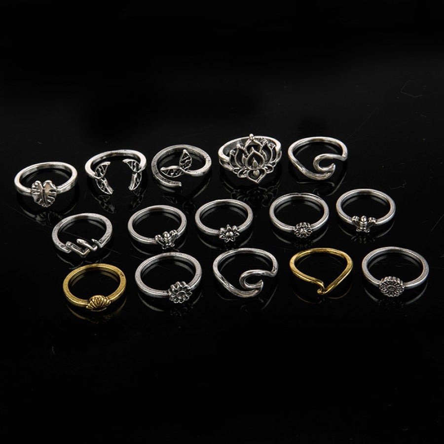 Alloy Multi Shapes 15-Piece Ring Set Silver / One Size Apparel and Accessories