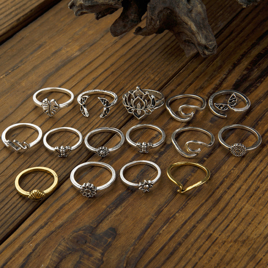 Alloy Multi Shapes 15-Piece Ring Set Silver / One Size Apparel and Accessories