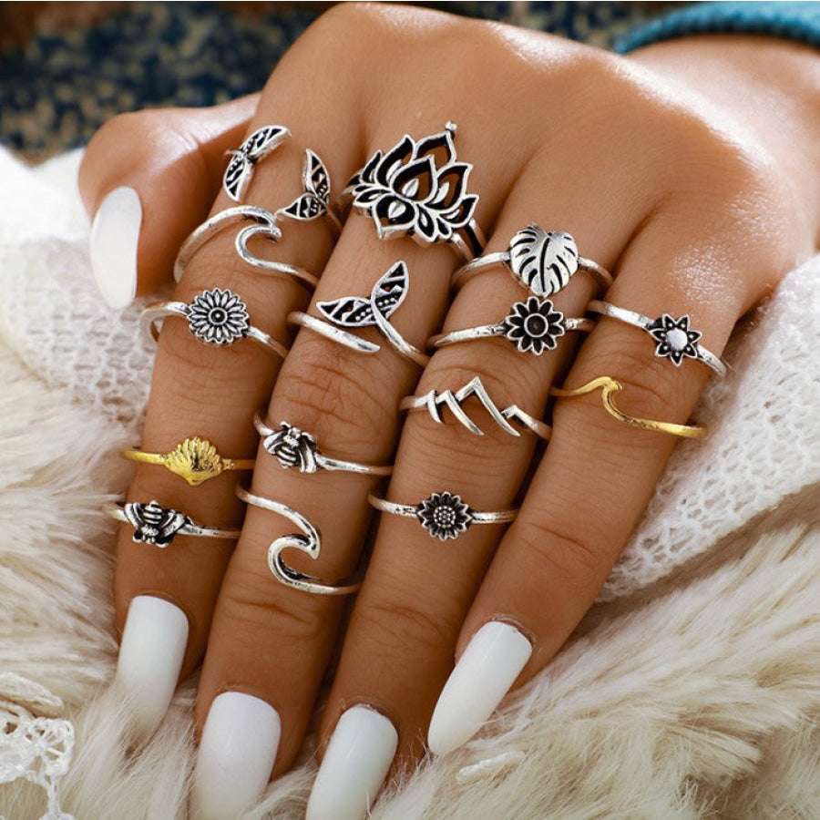 Alloy Multi Shapes 15-Piece Ring Set Silver / One Size Apparel and Accessories