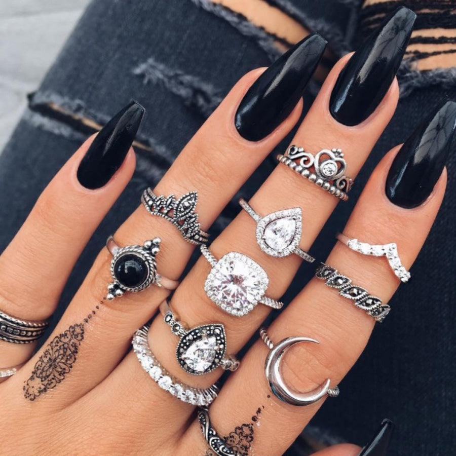 Alloy Synthetic Crystal 11-Piece Ring Set Silver / One Size Apparel and Accessories