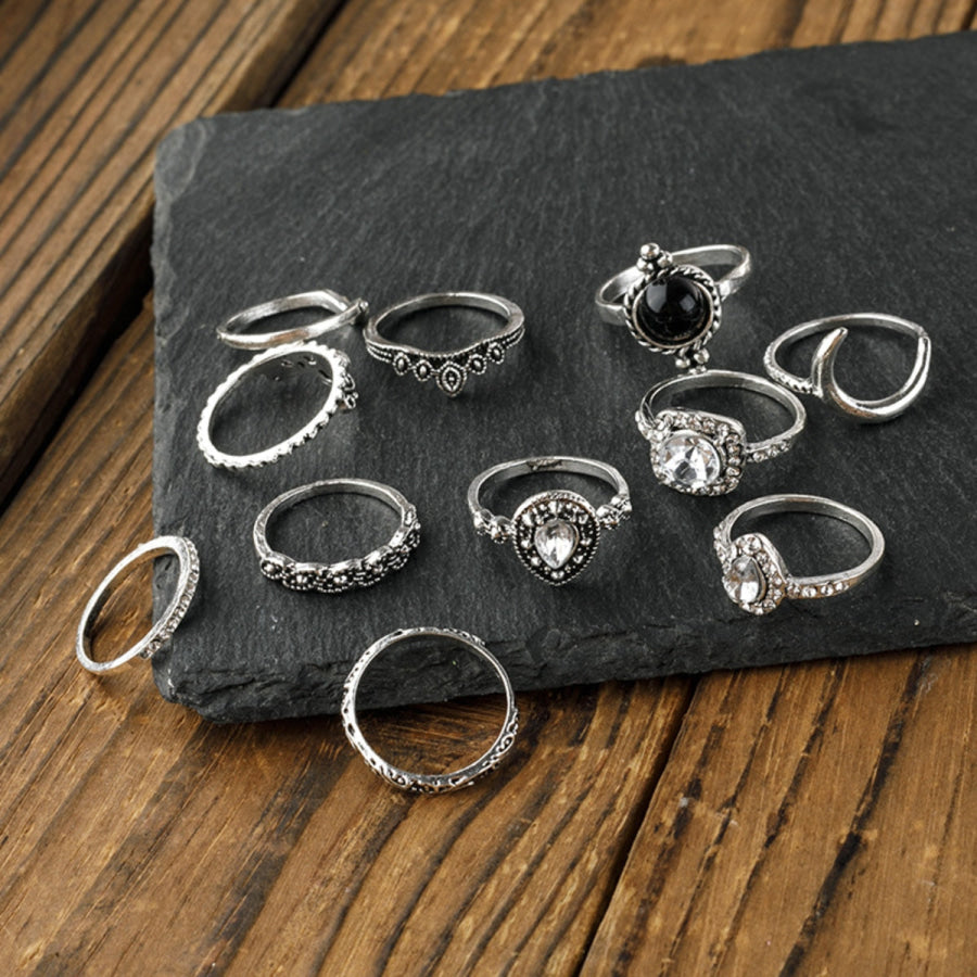 Alloy Synthetic Crystal 11-Piece Ring Set Silver / One Size Apparel and Accessories