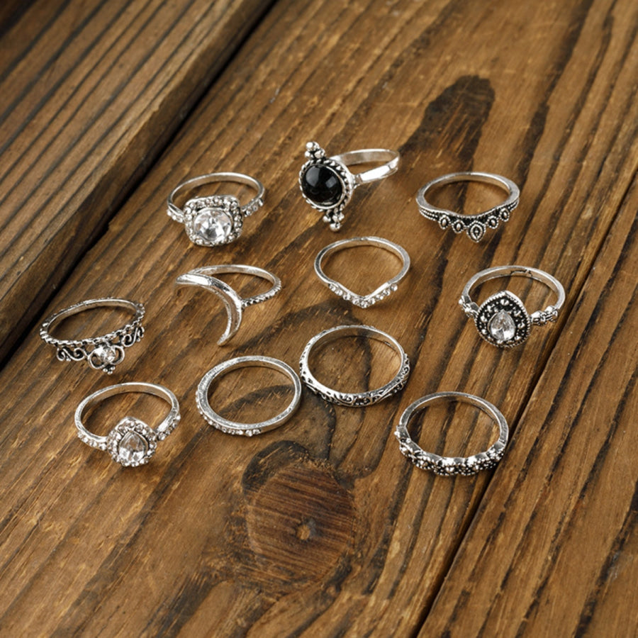 Alloy Synthetic Crystal 11-Piece Ring Set Silver / One Size Apparel and Accessories