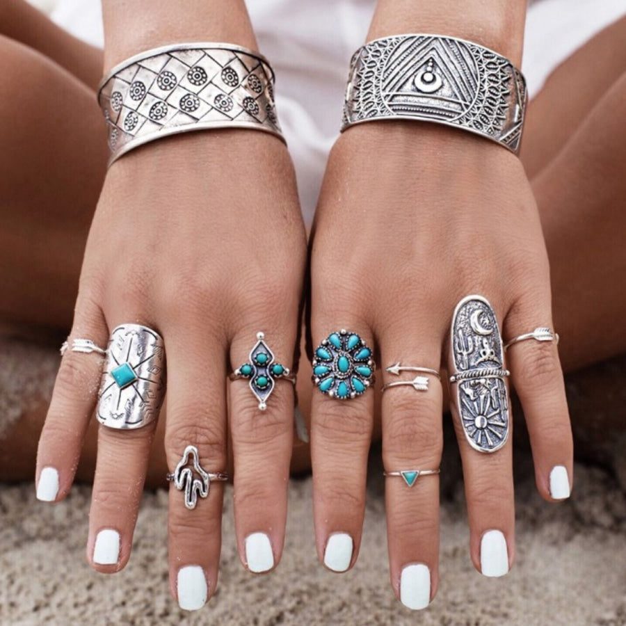 Alloy Turquoise 9-Piece Ring Set Silver / One Size Apparel and Accessories