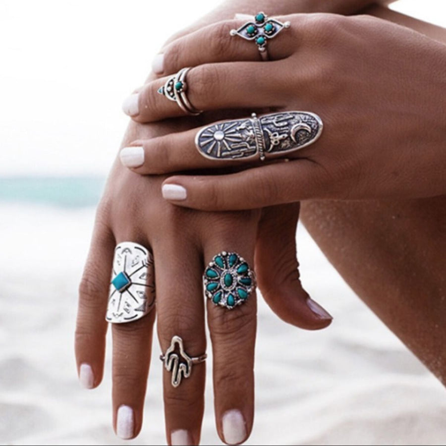 Alloy Turquoise 9-Piece Ring Set Silver / One Size Apparel and Accessories