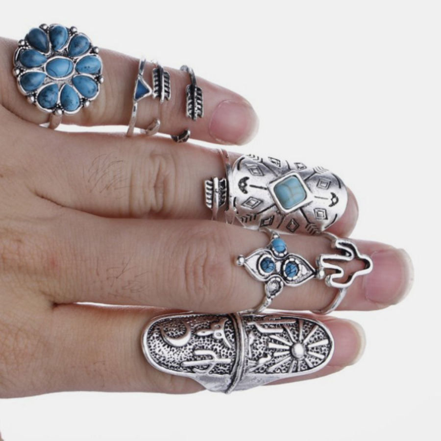 Alloy Turquoise 9-Piece Ring Set Silver / One Size Apparel and Accessories