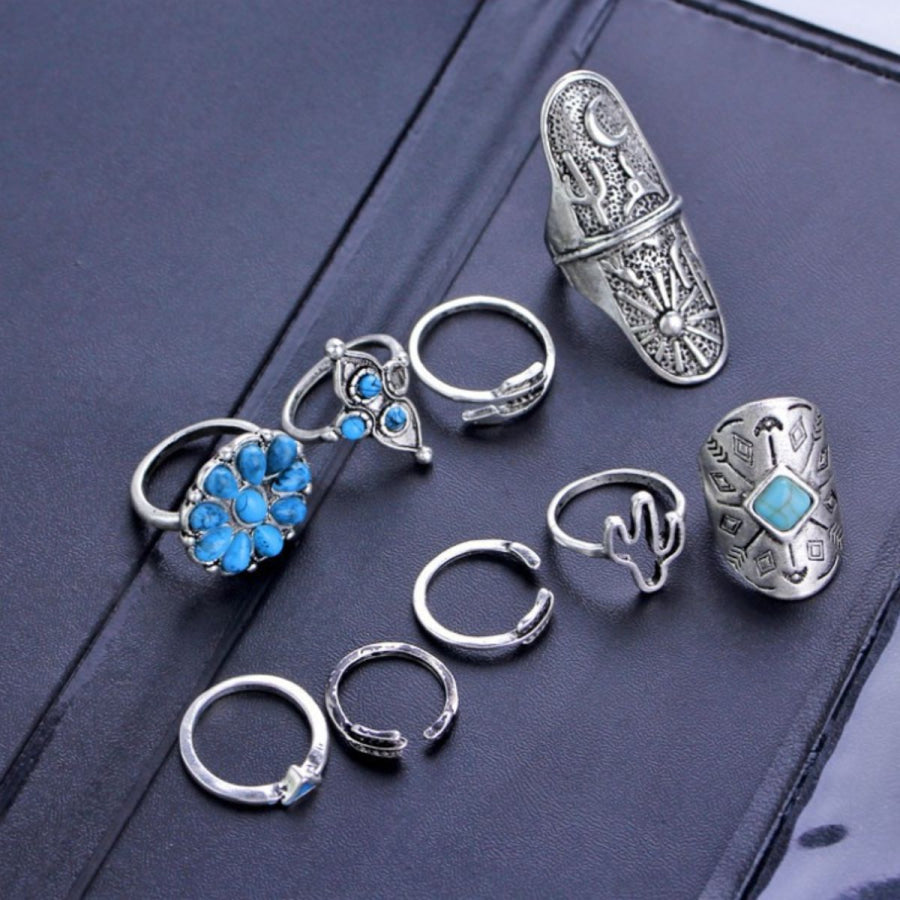 Alloy Turquoise 9-Piece Ring Set Silver / One Size Apparel and Accessories