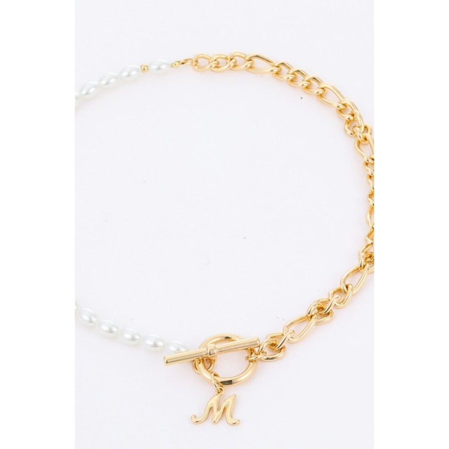 Alphabet M Pendant Half Pearl and Half Chain Necklace Gold / One Size