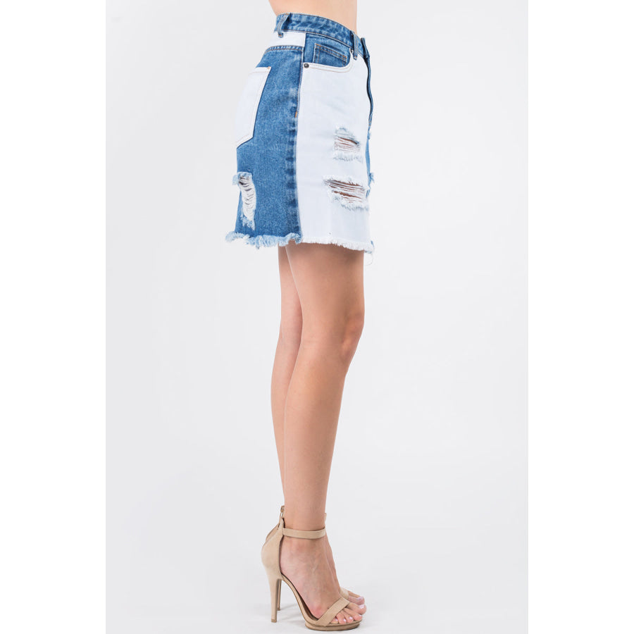 American Bazi Contrast Patched Frayed Denim Distressed Skirts Apparel and Accessories