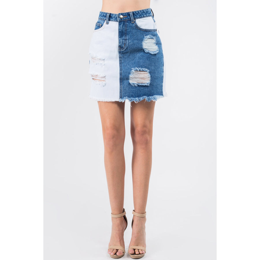 American Bazi Contrast Patched Frayed Denim Distressed Skirts Blue/White / S Apparel and Accessories