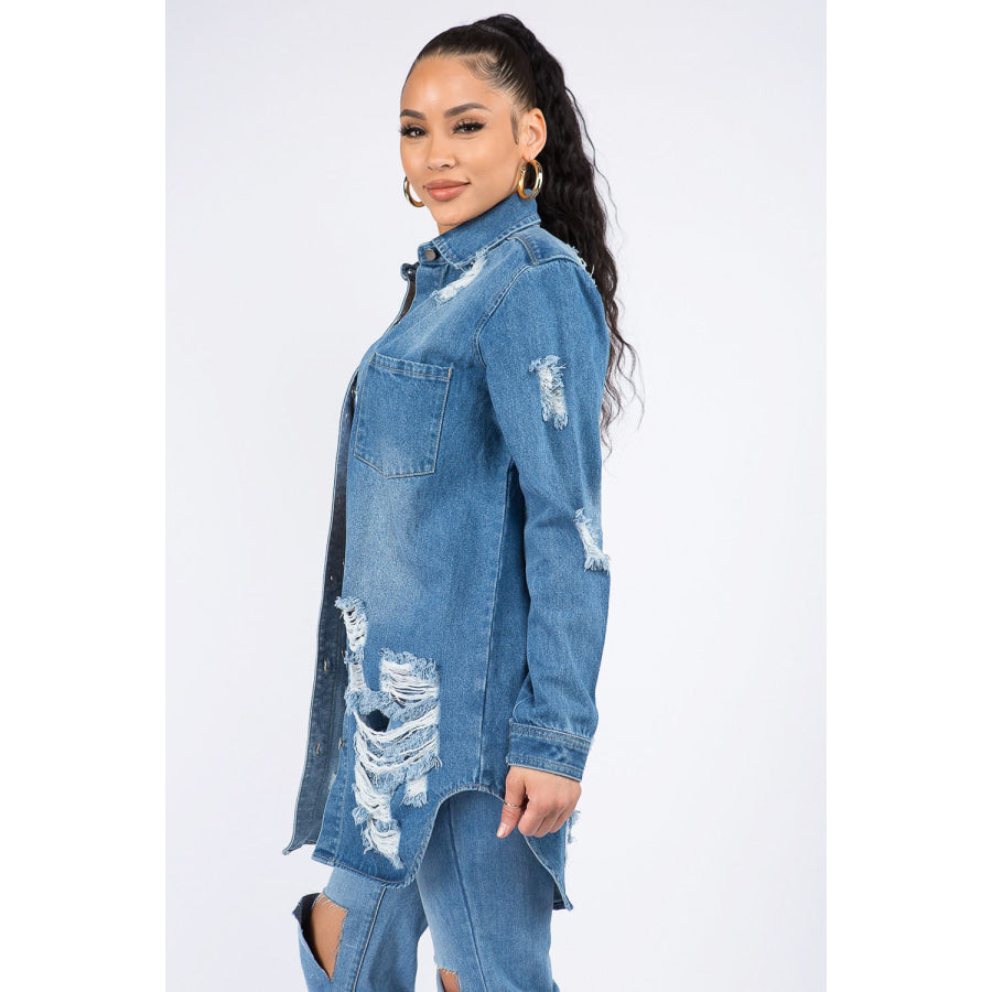 American Bazi Distressed Button Down Denim Shirt Jacket Apparel and Accessories