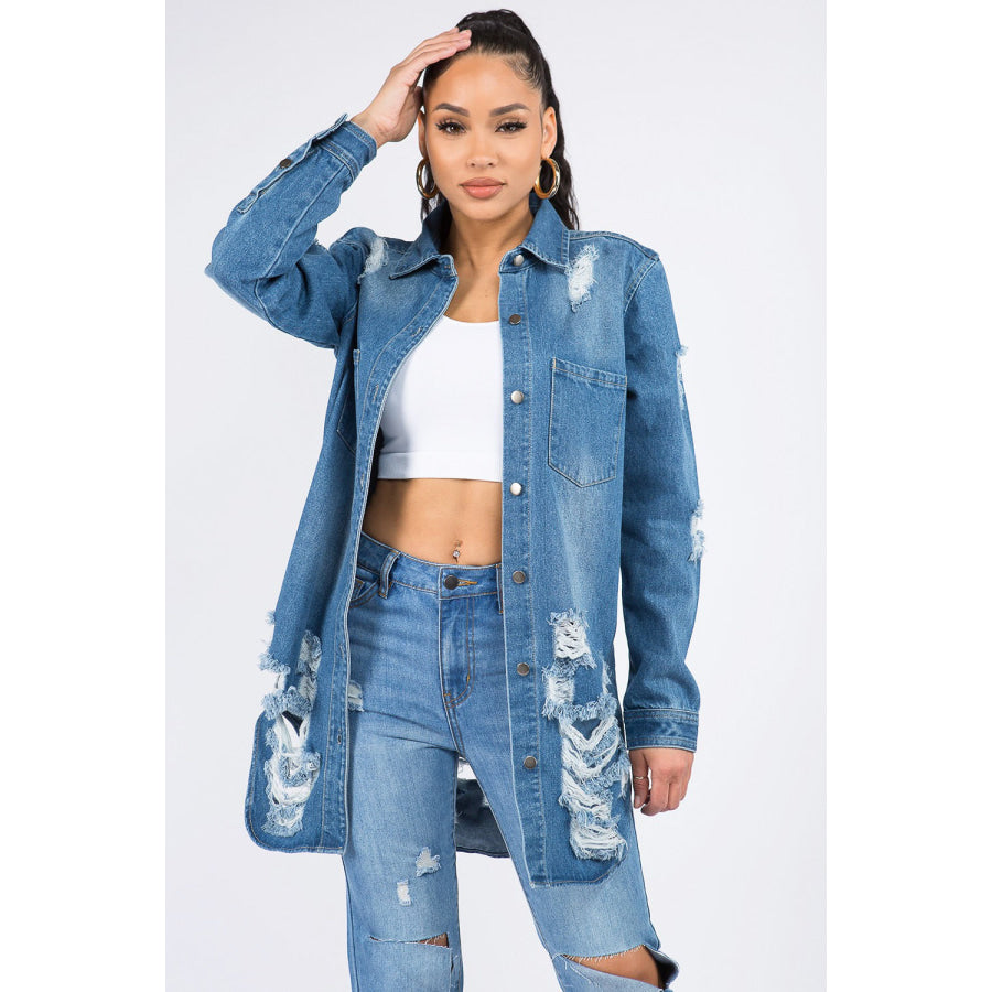 American Bazi Distressed Button Down Denim Shirt Jacket Medium Blue / S Apparel and Accessories