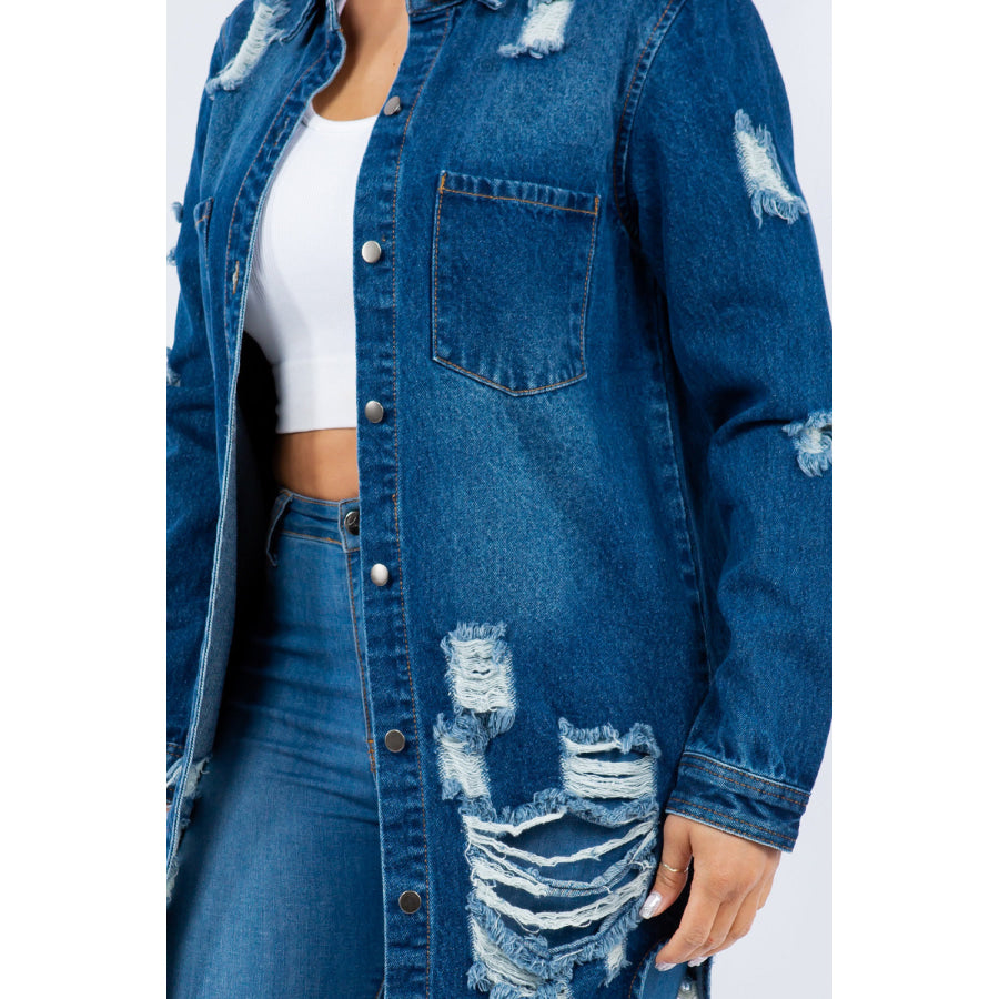 American Bazi Distressed Button Up Long Sleeve Denim Jacket Apparel and Accessories