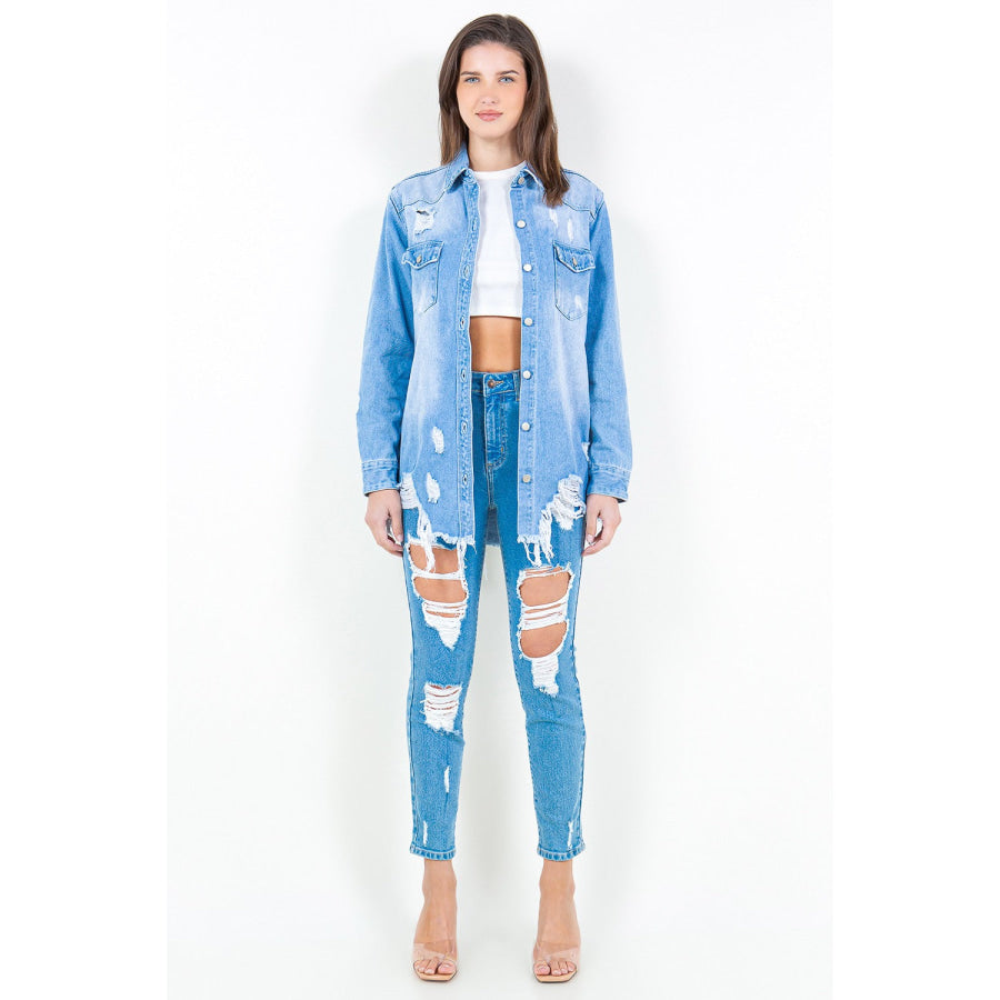American Bazi Frayed Hem Distressed Denim Shirt Jacket Apparel and Accessories