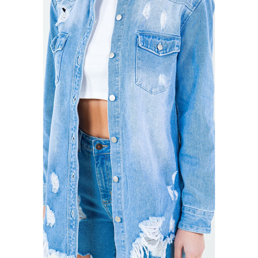 American Bazi Frayed Hem Distressed Denim Shirt Jacket Apparel and Accessories