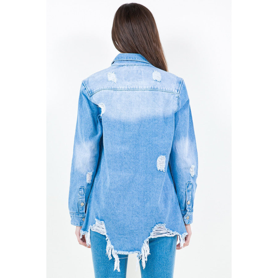 American Bazi Frayed Hem Distressed Denim Shirt Jacket Apparel and Accessories