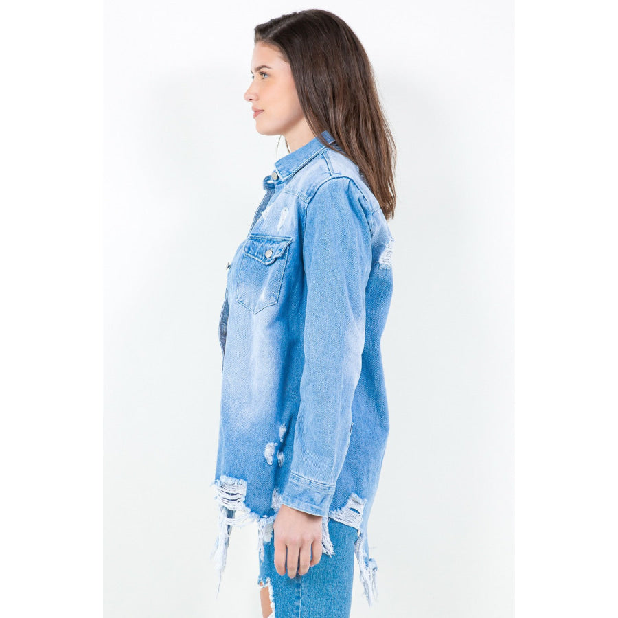 American Bazi Frayed Hem Distressed Denim Shirt Jacket Apparel and Accessories