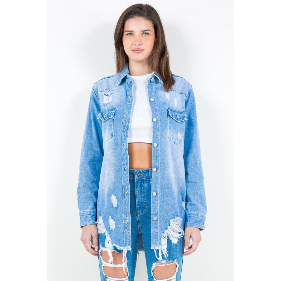 American Bazi Frayed Hem Distressed Denim Shirt Jacket Light Blue / S Apparel and Accessories