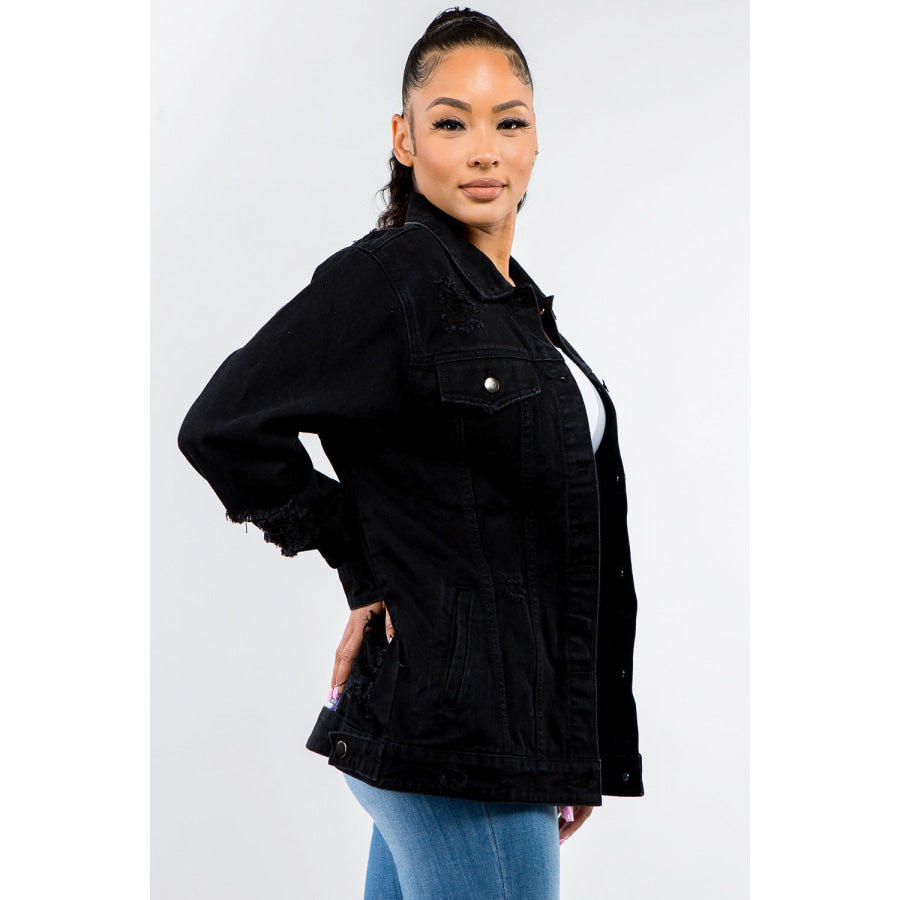 American Bazi Full Size Button Up Distressed Denim Jacket Apparel and Accessories