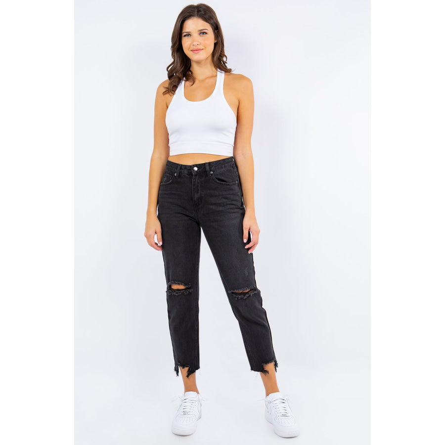 American Bazi High Waist Distressed Cropped Straight Jeans Apparel and Accessories