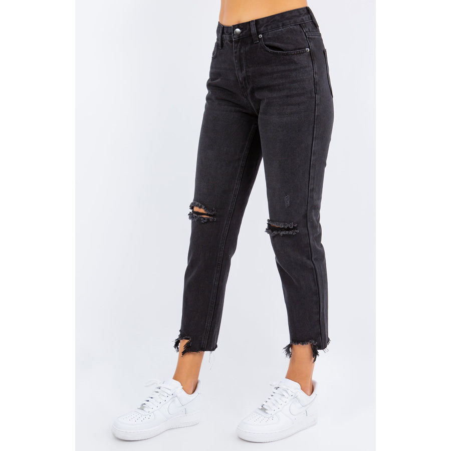 American Bazi High Waist Distressed Cropped Straight Jeans Apparel and Accessories