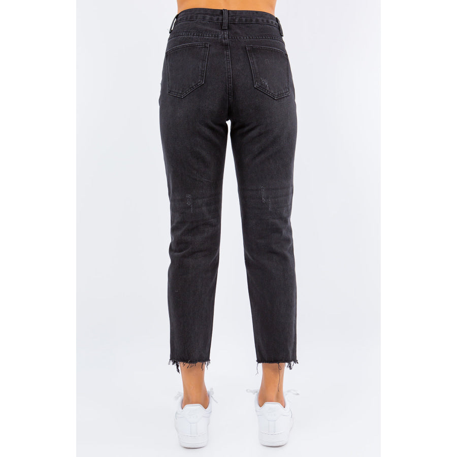 American Bazi High Waist Distressed Cropped Straight Jeans Black / S Apparel and Accessories