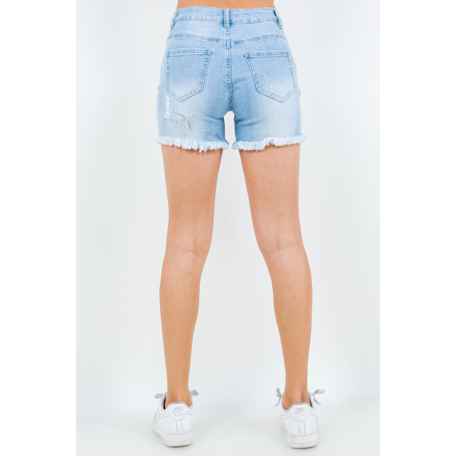 American Bazi High Waist Distressed Frayed Denim Shorts Blue / S Apparel and Accessories