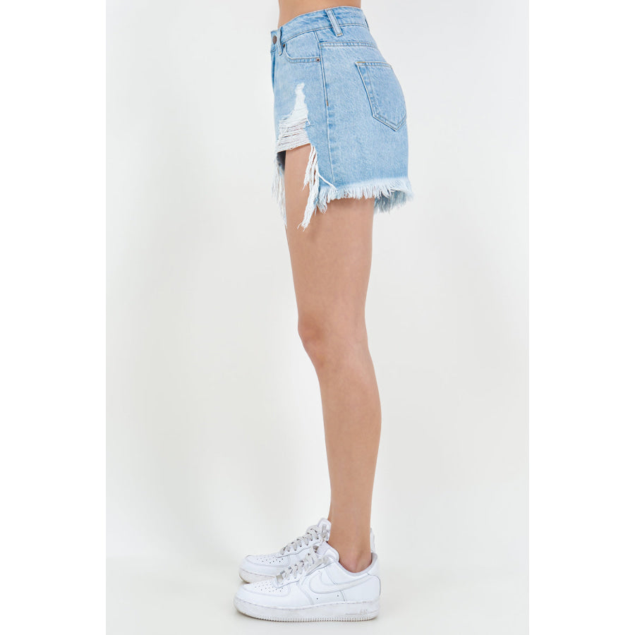 American Bazi High Waist Fringed Hem Denim Shorts Apparel and Accessories
