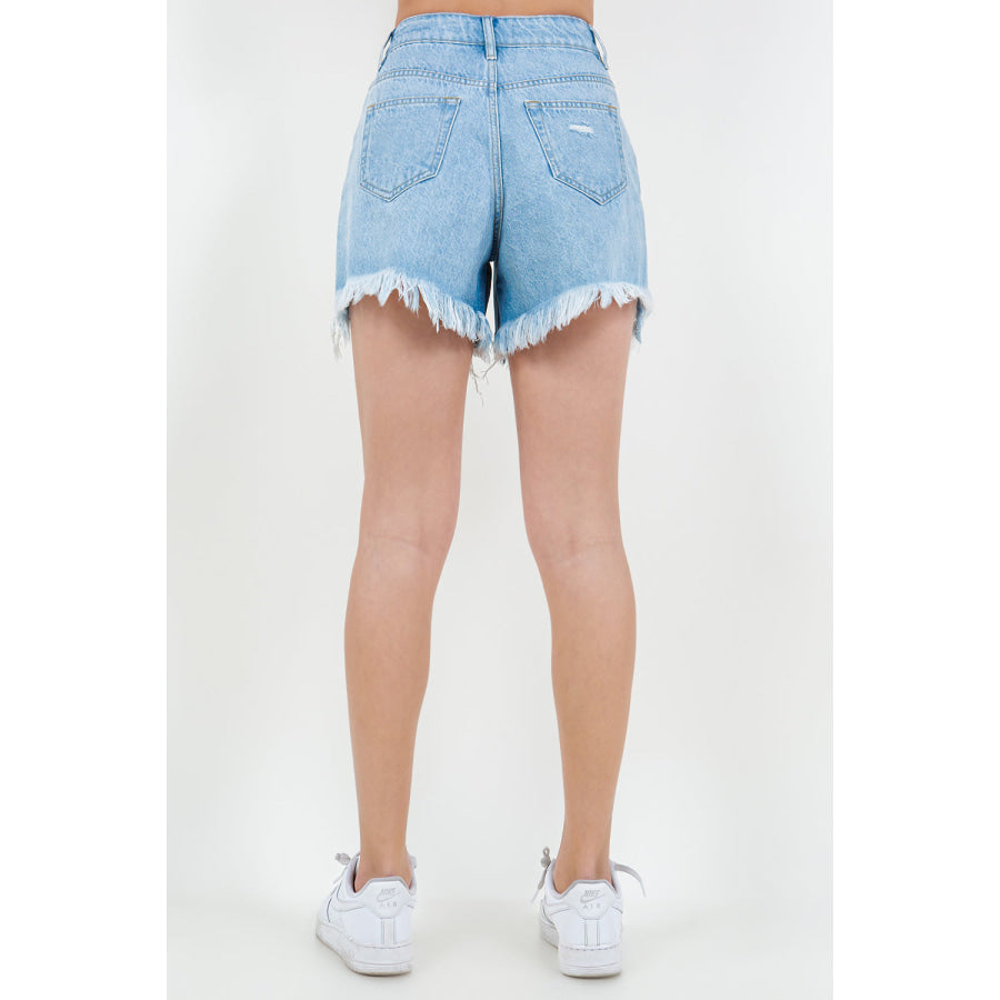 American Bazi High Waist Fringed Hem Denim Shorts Blue / S Apparel and Accessories