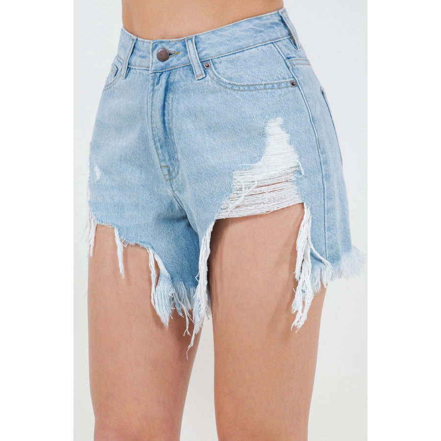 American Bazi High Waist Fringed Hem Denim Shorts Apparel and Accessories