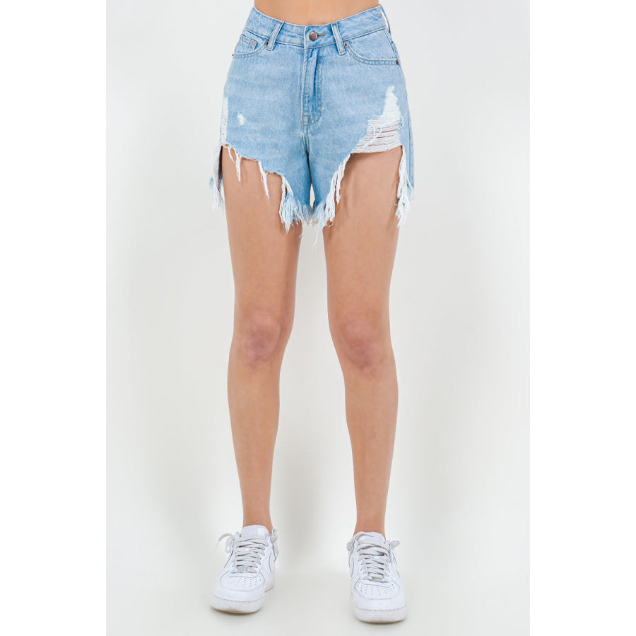 American Bazi High Waist Fringed Hem Denim Shorts Blue / S Apparel and Accessories