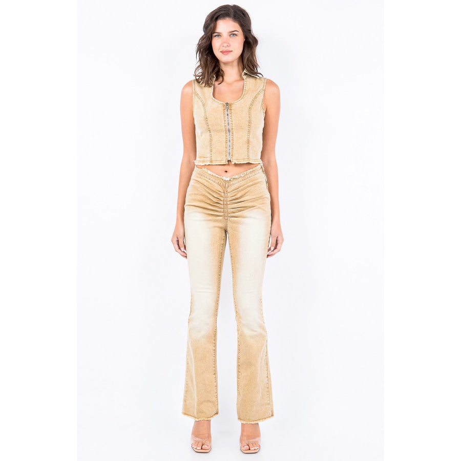 American Bazi V-Cut Ruched Flare Pants Apparel and Accessories