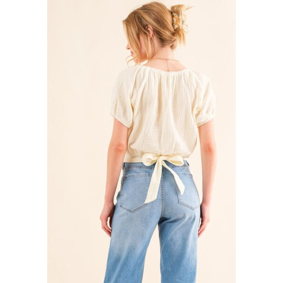 And The Why Cotton Gauze Back Waist Tie Cropped Blouse Cream / S Apparel Accessories