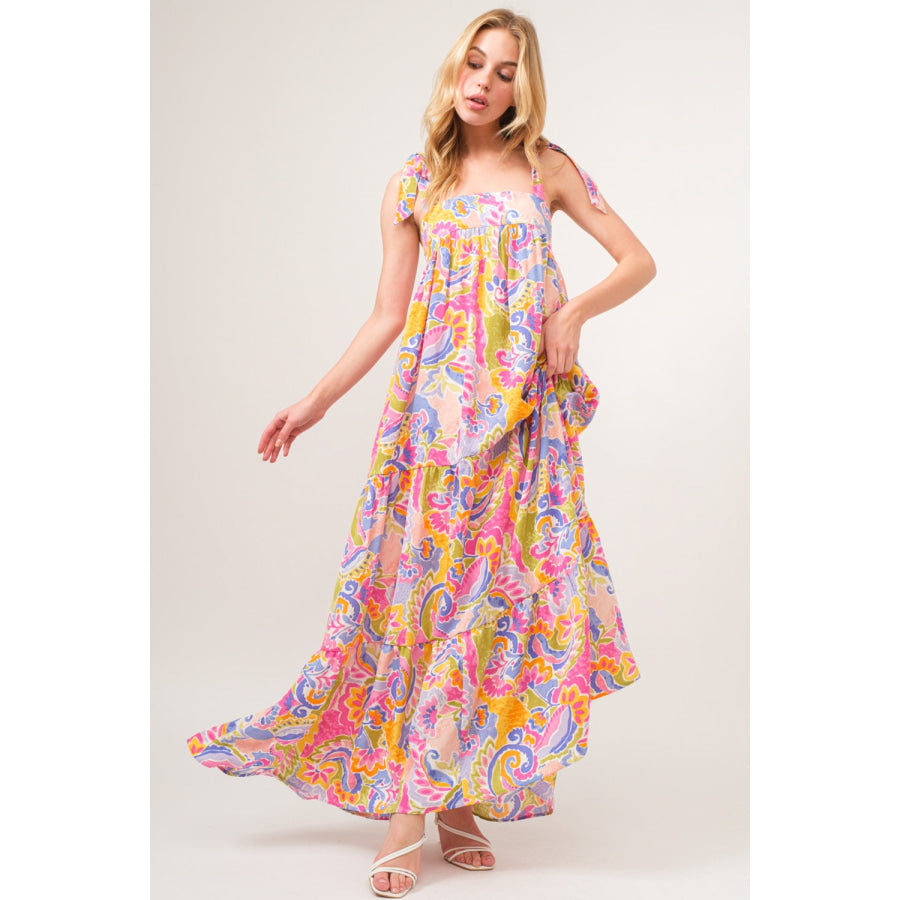 And The Why Full Size Printed Tie Shoulder Tiered Maxi Dress Apparel Accessories