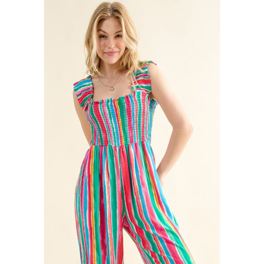 And The Why Full Size Striped Smocked Sleeveless Jumpsuit Apparel Accessories