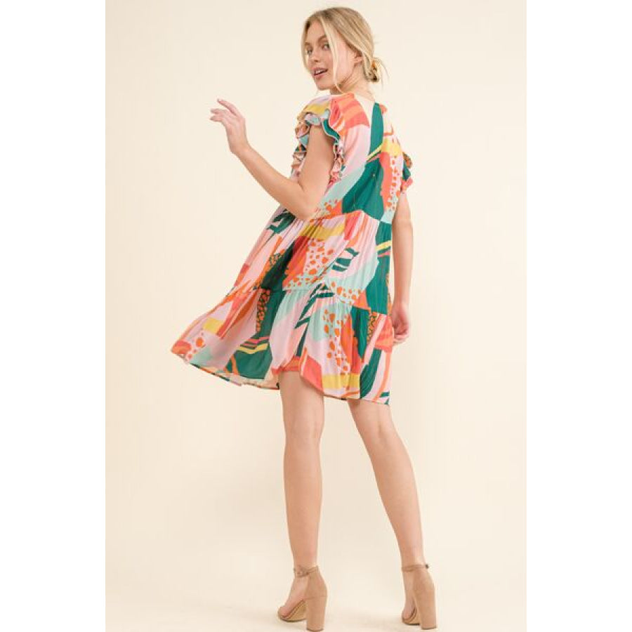 And The Why Printed Double Ruffle Sleeve Dress Apparel Accessories