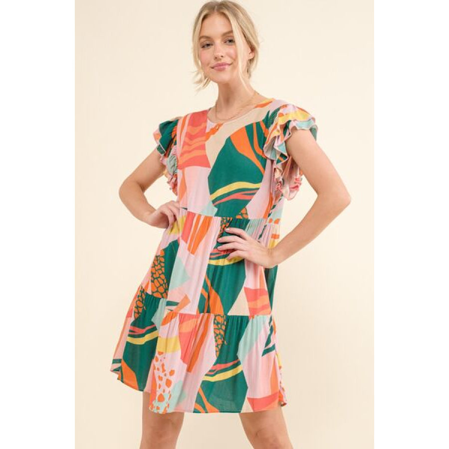 And The Why Printed Double Ruffle Sleeve Dress Apparel Accessories