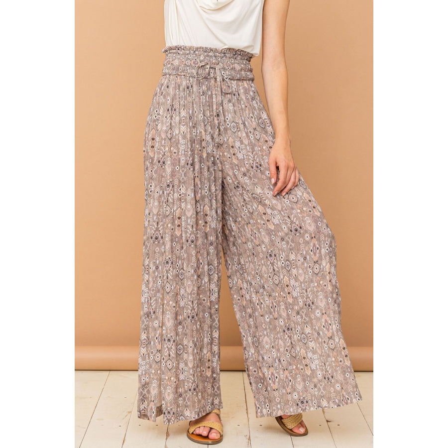 And The Why Printed Smocked Waist Slit Wide Leg Pants Apparel Accessories