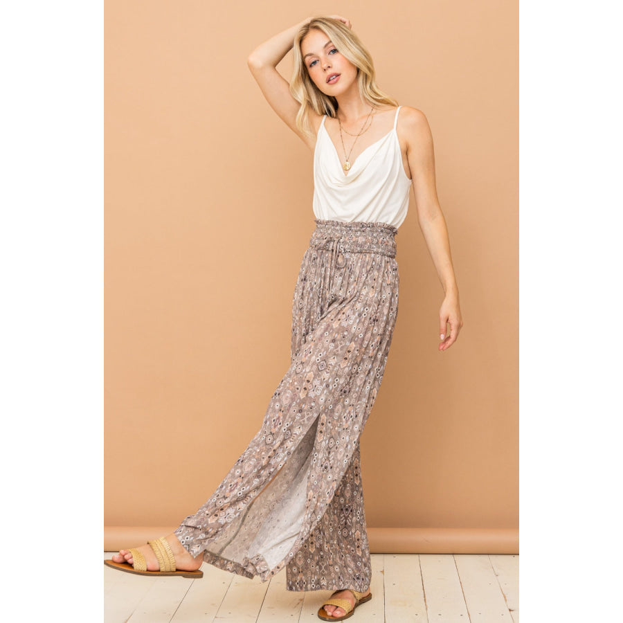And The Why Printed Smocked Waist Slit Wide Leg Pants Apparel Accessories