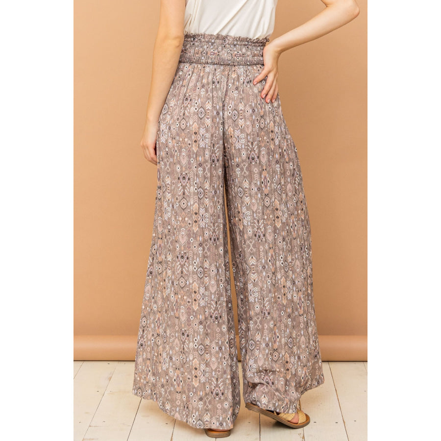 And The Why Printed Smocked Waist Slit Wide Leg Pants Apparel Accessories