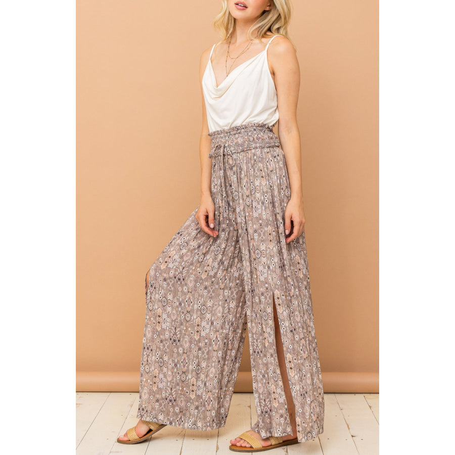 And The Why Printed Smocked Waist Slit Wide Leg Pants Apparel Accessories
