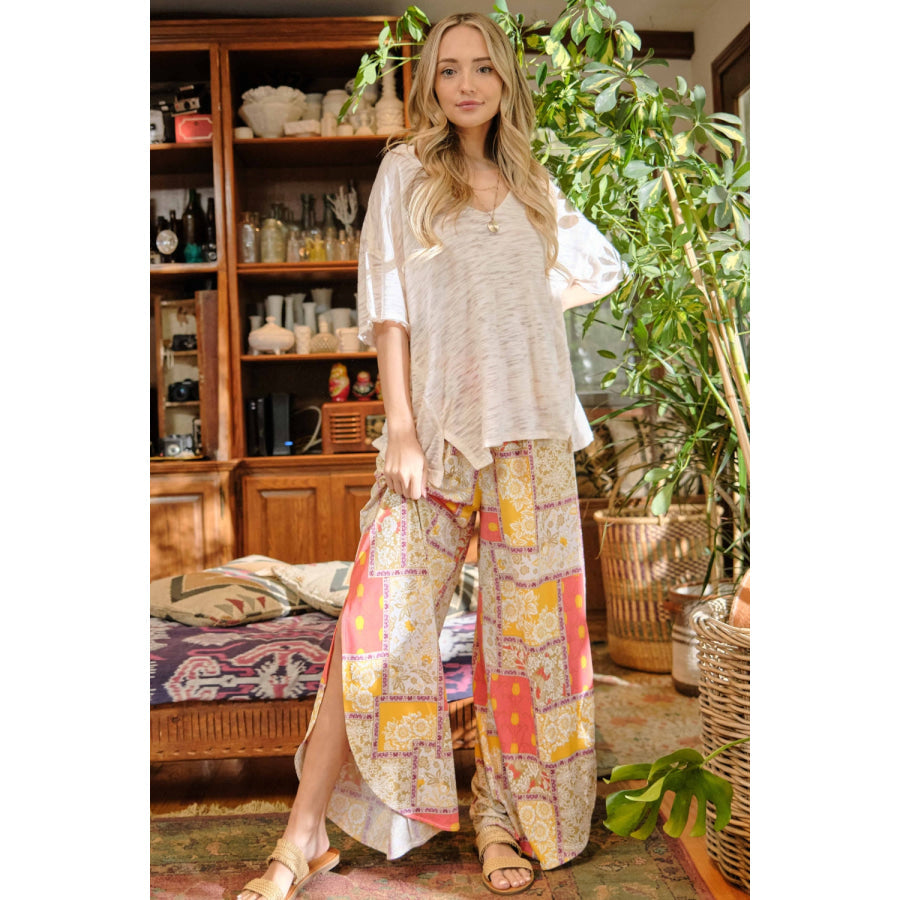 And The Why Printed Smocking Waist Side Slit Wide Leg Pants Yellow / S Apparel Accessories