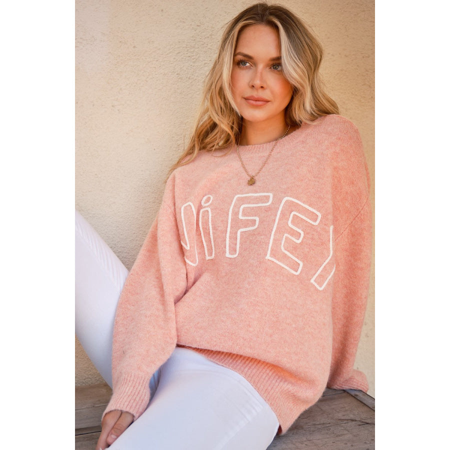 And The Why WIFEY & Heart Round Neck Sweater Apparel and Accessories