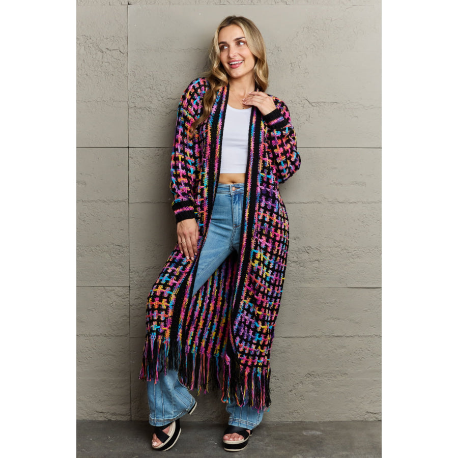 Angel Wings Full Size Multicolored Open Front Fringe Hem Cardigan Apparel and Accessories