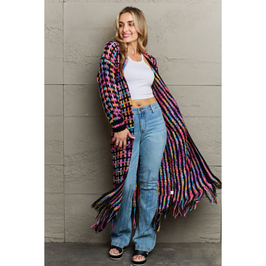 Angel Wings Full Size Multicolored Open Front Fringe Hem Cardigan Apparel and Accessories