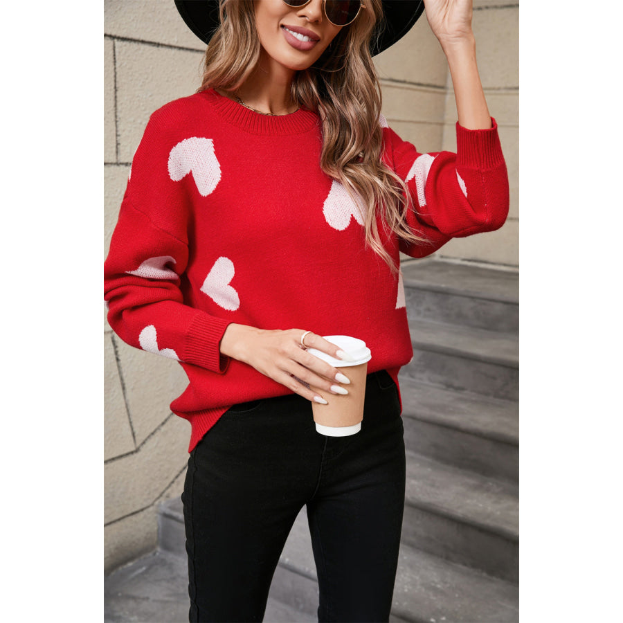 Angel Wings Heart Round Neck Dropped Shoulder Sweater Apparel and Accessories