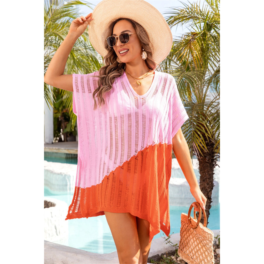 Angel Wings Slit Color Block V-Neck Cover Up Apparel and Accessories