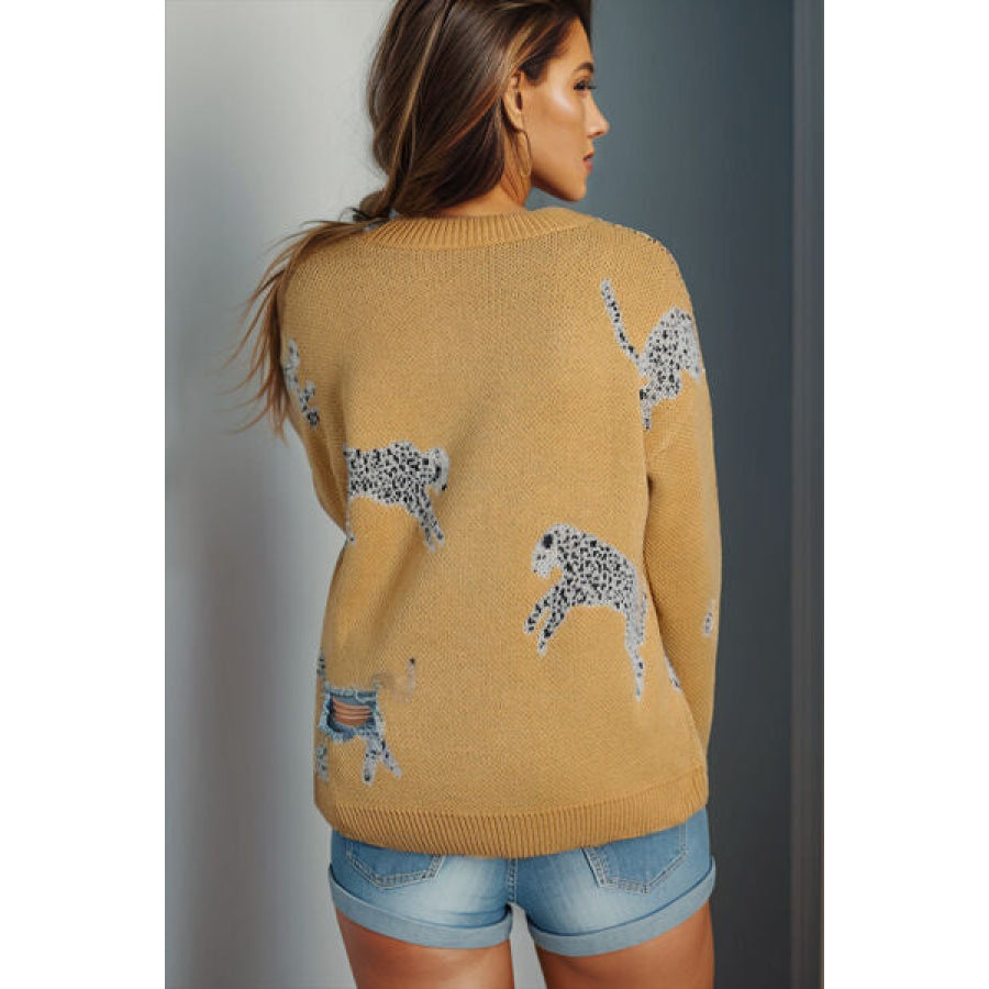 Animal Element Round Neck Dropped Shoulder Sweater Mustard / S Clothing