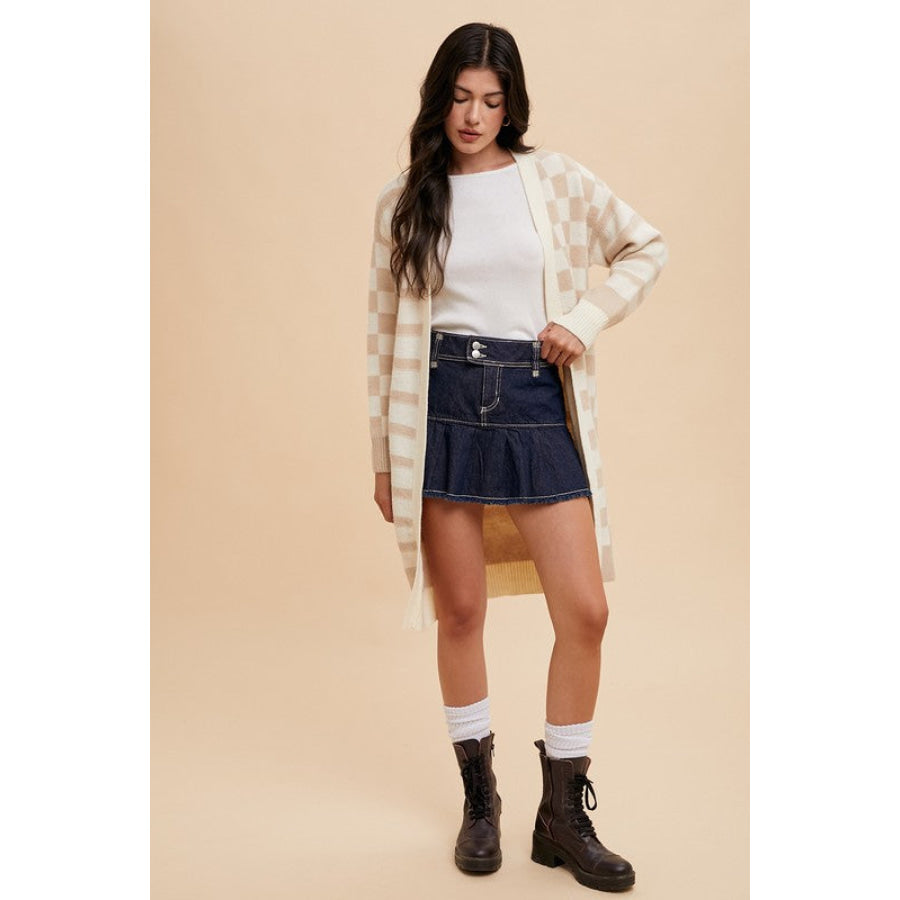 Annie Wear Checkered & Striped Open Front Long Sleeve Cardigan Apparel and Accessories