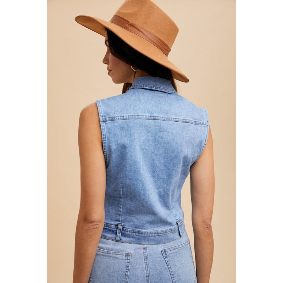 Annie Wear Collared Neck Button Down Denim Vest Apparel and Accessories